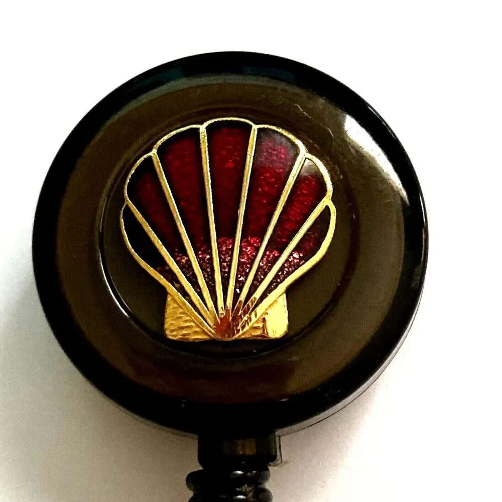Vtg Sea Shell Cloisonne Charm ID Card Badge Holder Lanyard Retractable Reel